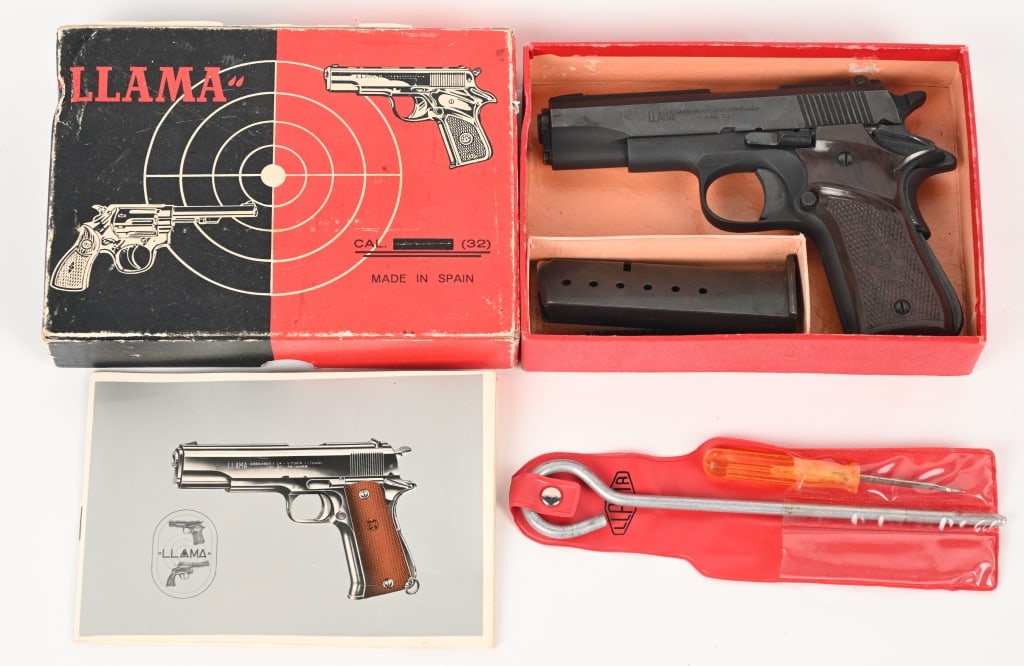 BOXED LLAMA ESPECIAL 7.65 SEMI AUTO PISTOL: SERIAL 550065. BARREL 3 3/4" CALIBER: 32 ACP MANUFACTURED: 1975-1978. Imported by Stoeser Arms. Based on scaled down 1911, vent rib, blue finish, checkered polymer grips, One original magazine. Condit