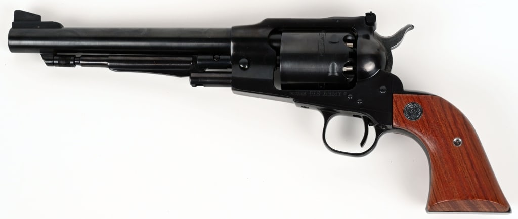 RUGER OLD ARMY BLACK POWDER 44 CAL REVOLVER: SERIAL NUMBER: 145-87023. BARREL: 7 ½". CALIBER: .44 BLACK POWDER. MANUFACTURED: 1978 - 2008. This model is a cap and ball revolver that features a rich blued finish, round barrel, steel frame,