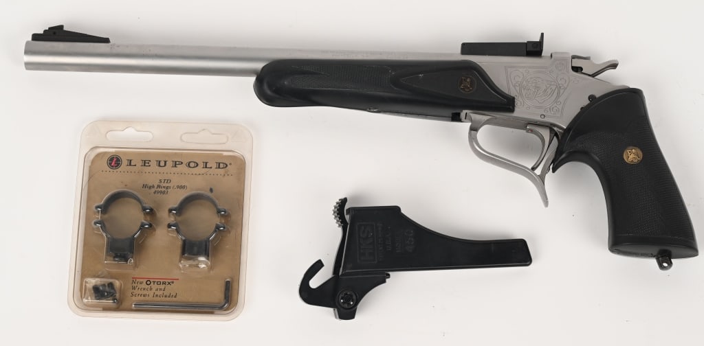 THOMPSON CENTER ARMS CONTENDER SUPER 14" .223: SERIAL NUMBER: S34652. BARREL: 14". CALIBER: 223 REMINGTON. MANUFACTURED: 1990's. Stainless steel frame, Stainless steel barrel with target crown. It also features polymer grip and forend, ramped fron