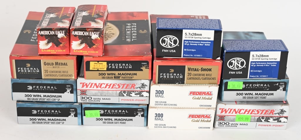 LOT OF 300 WIN MAGNUM & 5.7X28MM AMMO: Ammunition is from various manufacturers unless otherwise specified. (200) rounds 5.7x28mm (40) rounds Winchester, 300 Win Mag 180gr (60) rounds Federal, 300 Win Mag. 180gr Nosler partition (80) round