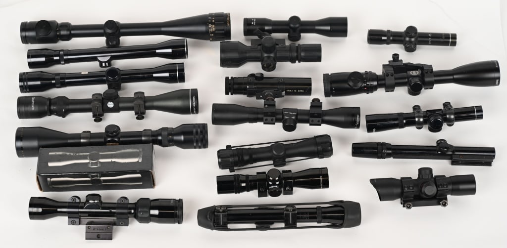 LOT OF 19 SCOPES: This lot contains scopes from various manufactures at various magnification and reticles. Manufacturers such as Bushnell, Tasco, Simmons and Valor. CONDITION: Glass is clear with surfaces that should 