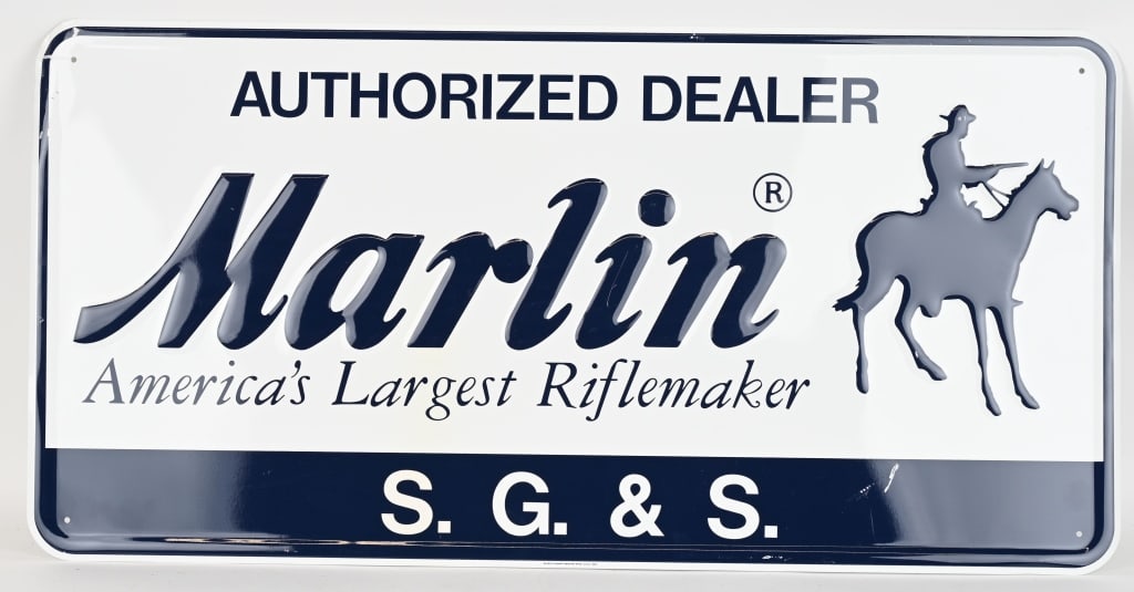 TIN EMBOSSED MARLIN FIREARMS DEALER SIGN: Tin metal sign given to dealers to place in there stores. Blue and White finish with minor dent on top left corner. Sign is 36" wide by 18" tall, made by Scioto signs Kenton Ohio 1992. CONDITION: Very
