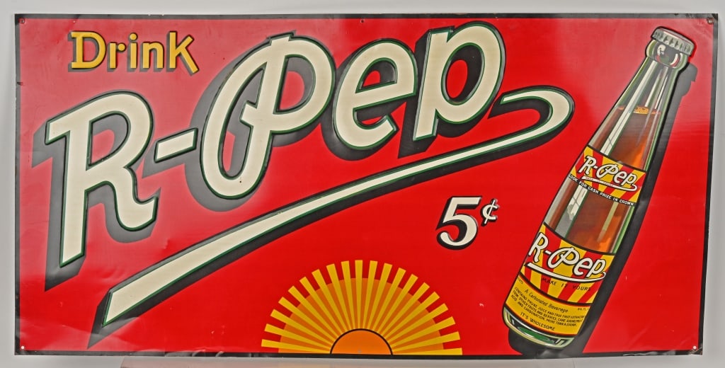 DRINK R-PEP 5c EMBOSSED TIN SIGN: SST R-PEP 5c embossed tin sign. All original with great colors. Field is clean. Has some minor bends near mounting holes. 35 3/4"x17 1/2" Excellent