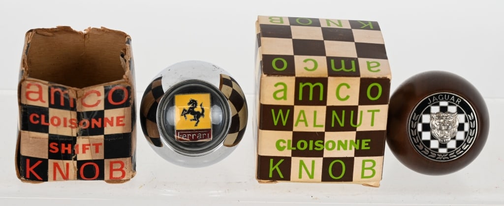 AMCO FERRARI & JAUGAR WALNUT SHIFT KNOBS w/ BOX: Mew Old Stock AMCO Ferrari & Jaguar walnut Shift Knobs with Logos. With Boxes. Excellent