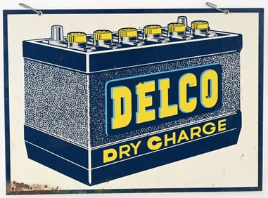 DELCO DRY CHARGE DOUBLE SIDED TIN SIGN