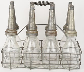 8- MOBILOIL 1 QT OIL BOTTLES & CARRIER