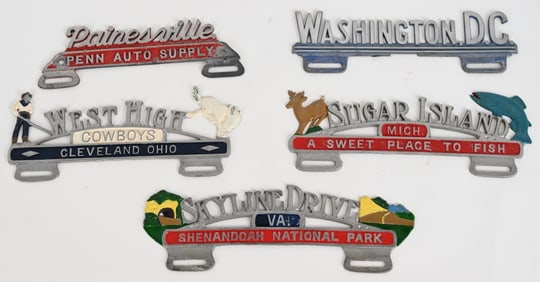 5- VINTAGE ALUMINUM LICENSE PLATE TOPPERS