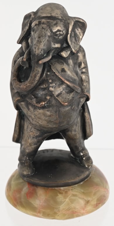 BOFILL GENTLEMAN ELEPHANT CAR MASCOT: Antoine Bofill (French 1875-1339) Bronze Gentleman Elephant car Mascot. Very well done and marked Bofill on base. Has some loss to original finish. Still has screw in base for mounting. A very nice lo