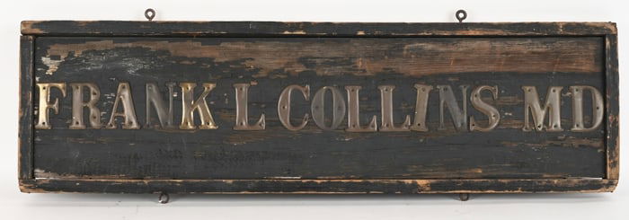 RANK L COLLINS MD BRASS LETTERS ON WOOD SIGN