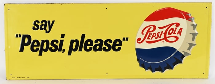 SAY PEPSI PLEASE EMBOSSED TIN BOTTLE CAP SIGN