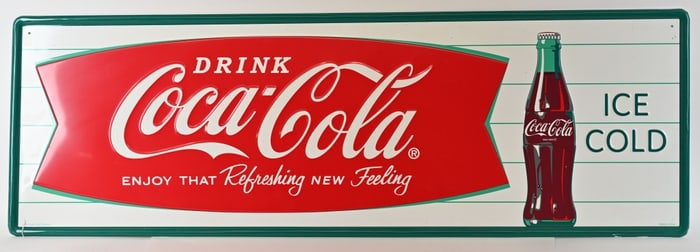 DRINK COCA COLA FISHTAIL EMBOSSED TIN SIGN