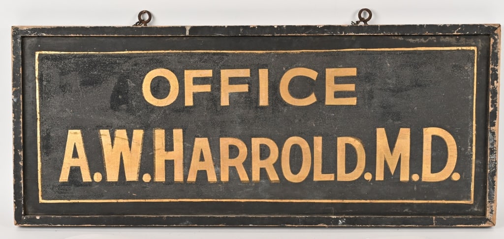 A.W. HARROLD MD WOODEN SAND FINISH SIGN: Office A.W. Harrold M.D. double sided wooden sand finish sign. All original and both side similar condition. 38"x15 1/2" Excellent