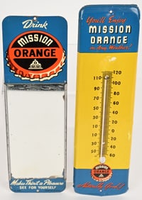 MISSION ORANGE TIN THERMOMETER & MIRROR