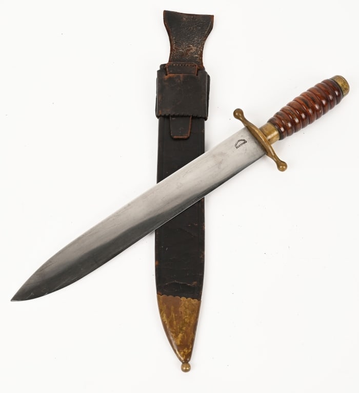 COLLINS & CO. M1862 HOSPITAL LARGE SIDE KNIFE: Scarce M1862 Hospital Corps Knife with Leather Scabbard and Frog. Marked Collins Co, Hartford on blade. Has brass quillon, ferrule, and pommel. Turned wood grip. Overall length 16 1/2” with a 11