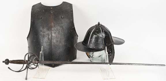 ENGLISH CIVIL WAR HELMET BREASTPLATE & RAPIER