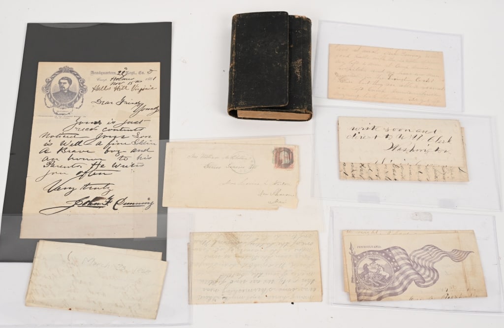 CIVIL WAR DIARY LETTERS FROM DIFFERENT SOLIDERS: Civil War Ephemera lot to include 1) 1865 dated diary with a few entries but mostly indescribable 2) Letter of a Member of the 16th OVI. of Corporal John Ewing Jr. that reads: Lexingto