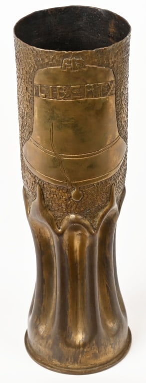 WW1 TOP SHELF LIBERTY BELL FLAG TRENCH ART SHELL: WWI US Army 75mm Trench Art Shell featuring a beautiful 76th Division Liberty Bell to one side and a Federal Eagle perched on an American Flag to the other. Excellent. The War Department established t