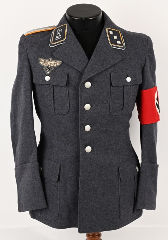 WWII NAZI GERMAN NSFK TRUPPFÜHRER RANKS TUNIC WW2: NSFK Truppführer or trooper leader ranks tunic. It's very nice and clean, no mothing. Luftwaffe blue/gray wool open neck cut four pocket tunic has yellow twist cord piping to the collar each tab 
