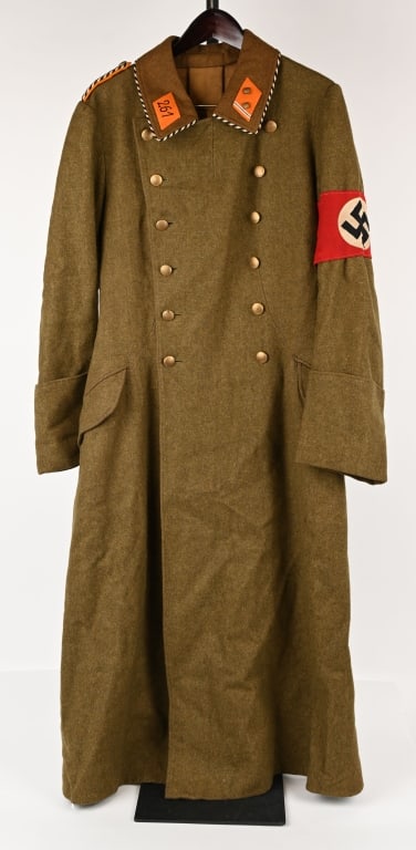 WWII NAZI GERMAN SA SUDWEST OVERCOAT WW2: Long brown wool SA officers overcoat for SA group Sudwest. The collar of the coat has yellow collar tabs, the right patch features two gold metal rank pips and two silver bullion bars with black strip