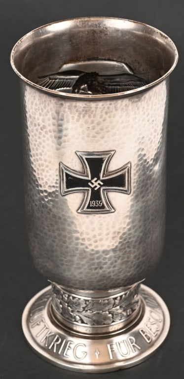 WWII NAZI GERMAN LUFTWAFFE HONOR GOBLET NAMED: Second pattern, (Circa 1941/1942-1944), die struck, three piece, silver plated, nickel/silver construction goblet consists of the cup, a stem and a base. The top cup section has a rounded down, bottom