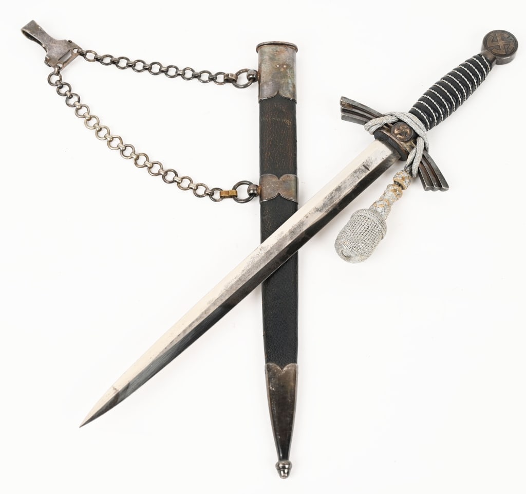 WWII NAZI GERMAN LUFTWAFFE DAGGER EICKHORN WW2: Early (circa 1936-1937) roughly 30.5cm long bright nickel/silver plated drop forged steel double edged stiletto style blade with a flat central plane. The reverse ricasso is well marked with acid etch