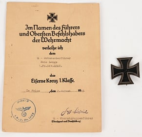 WWII NAZI GERMAN WAFFEN SS LSSAH IRON CROSS W DOC