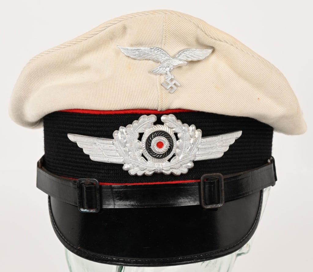 WWII NAZI GERMAN LUFTWAFFE WHITE TOP VISOR HAT WW2: Nice quality private purchase pre-June 1937 EM/NCO’s white top visor cap consists of a removable ribbed, white cotton/rayon blend top with white cotton/rayon blend piping to the forward edge of