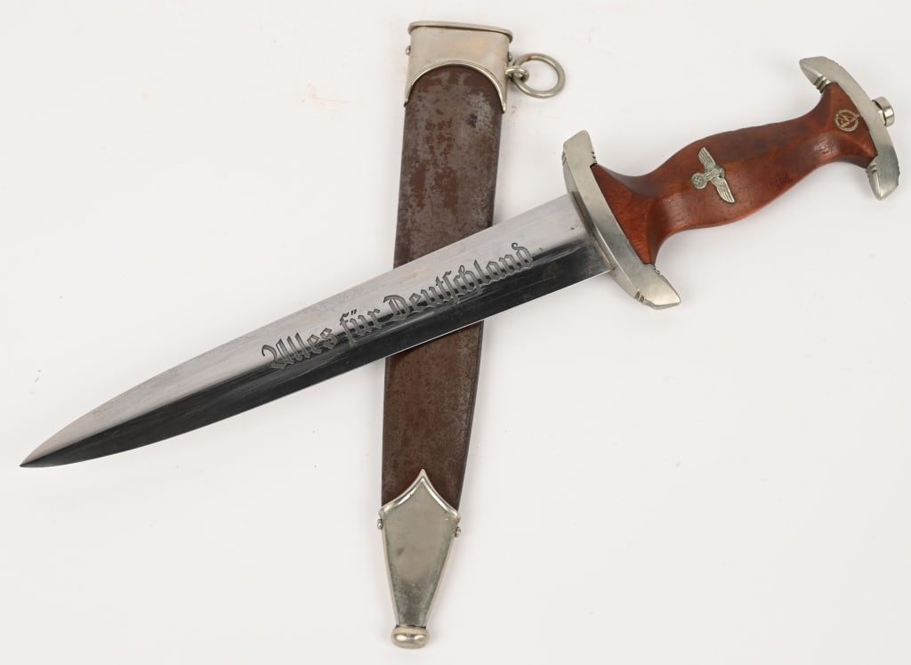 WWII NAZI GERMAN SA DAGGER BY MALCH & AMBRONN WW2: Early nice quality dagger features a roughly 8 3/4" (22.2 cm) long double edged nickel/silver plated drop forged steel construction blade with a low central ridge and a full length including the hilt