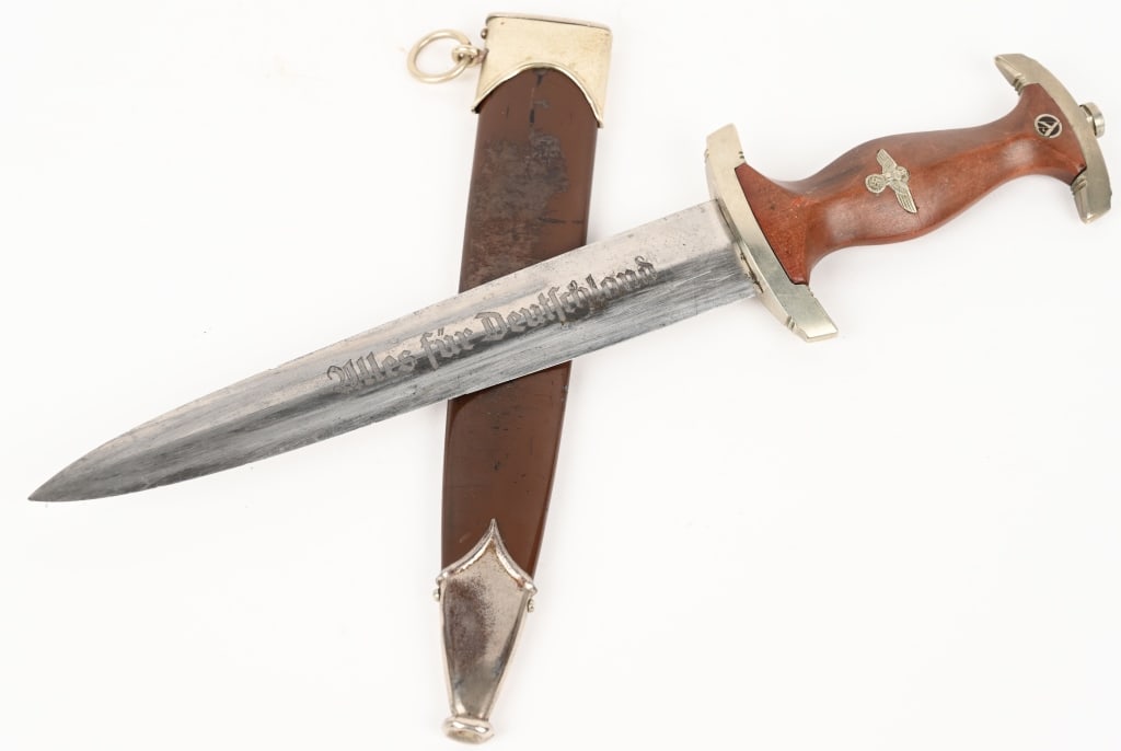 WWII NAZI GERMAN SA DAGGER GUSTAV WIRTH WW2: Early nice quality dagger features a roughly 8 3/4" (22.2 cm) long double edged nickel/silver plated drop forged steel construction blade with a low central ridge and a full length including the hilt
