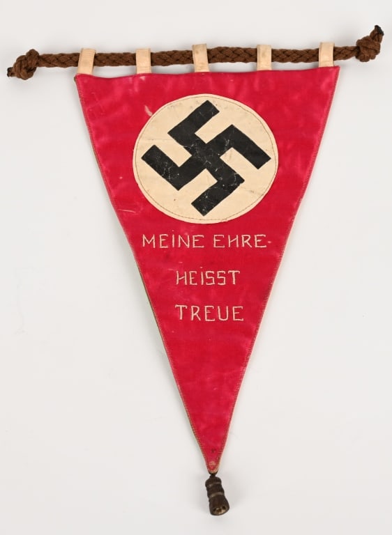 NAZI GERMAN SS TOTENKOPFVERBANDE PENNANT SSTV: Very attractive Nazi SS TV banner measuring 7 X 11 inches and is double sided with the obverse red silk material with a sewn white disk with a printed Swastika with chain stitched texts "Meine Ehre He