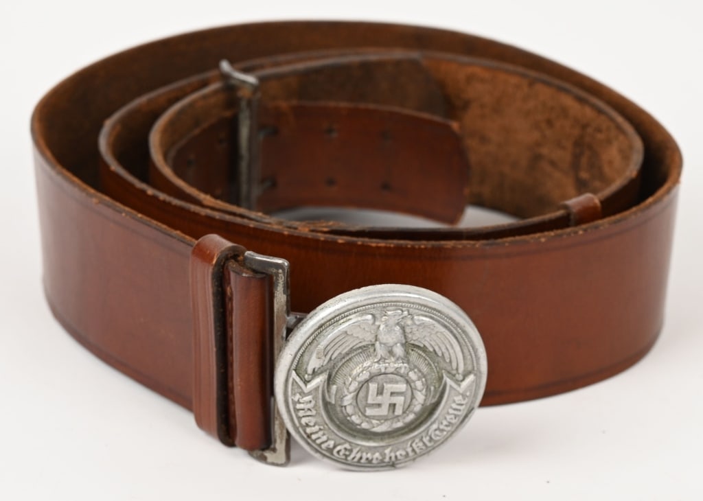 WWII NAZI GERMAN WAFFEN SS OFFICERS BELT & BUCKLE: Silver washed, die struck, aluminum alloy construction, circular belt buckle features a high relief, stylized, national eagle with outstretched, downward curving, wings, clutching an oak-leaf wreath w