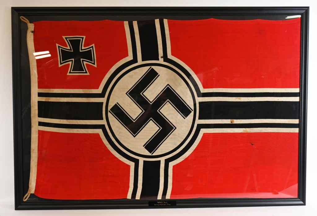 WWII NAZI GERMAN KRIEGSMARINE BATTLE FLAG 100X170: Beautifully framed, second pattern (Circa 1937/38-1945) single piece dual sided printed wool construction national war flag. The flag features a red base field with a central white/black/white/bl