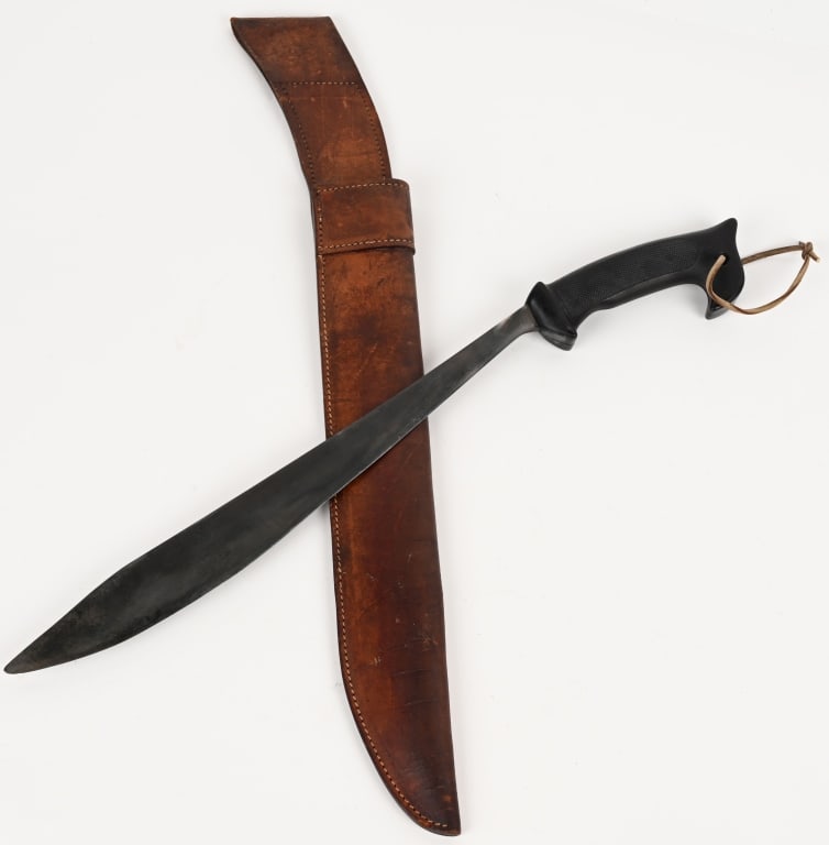 WWII OSS PHILIPPINE GUERILLA MACHETE W SHEATH WW2: WWII U.S. OSS Philippine Guerilla Machete with Original Leather Sheath. According to the reference book “U.S. Military Knives, Bayonets and Machetes, Book III” by M.H. Cole, this machete w