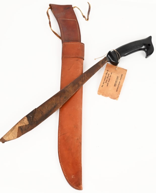 WWII OSS PHILIPPINE GUERILLA MACHETE W SHEATH WW2: WWII U.S. OSS Philippine Guerilla Machete with Original Leather Sheath. According to the reference book “U.S. Military Knives, Bayonets and Machetes, Book III” by M.H. Cole, this machete w