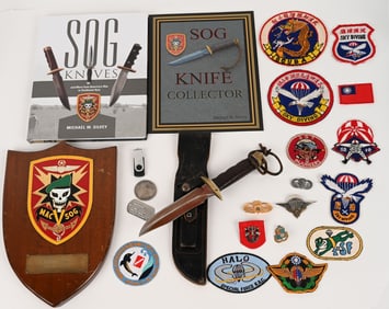 NAMED NAM SOG KNIFE GROUPING W PLAQUE & PATCHES