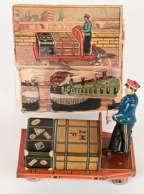 GERMAN TIN WINDUP BAGGAGE PORTER w/ BOX