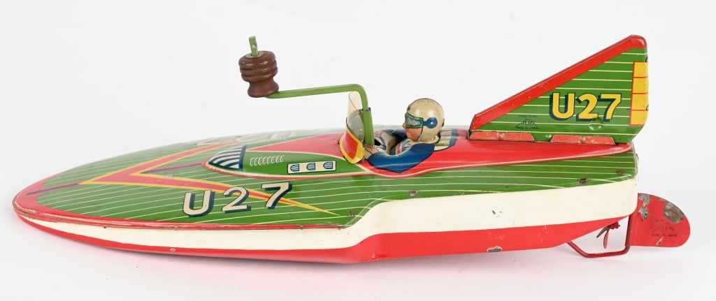 JAPAN ALPS U27 TIN SPEED BOAT: Japan U27 Speed Boat. Nice colors. Worked when tested. 14" Excellent