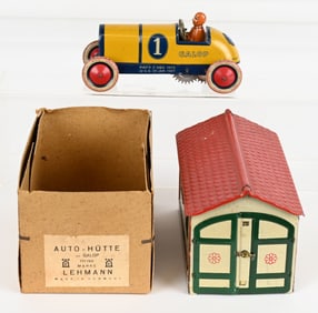 LEHMANN TIN WINDUP GALOP RACER, & GARAGE w/ BOX