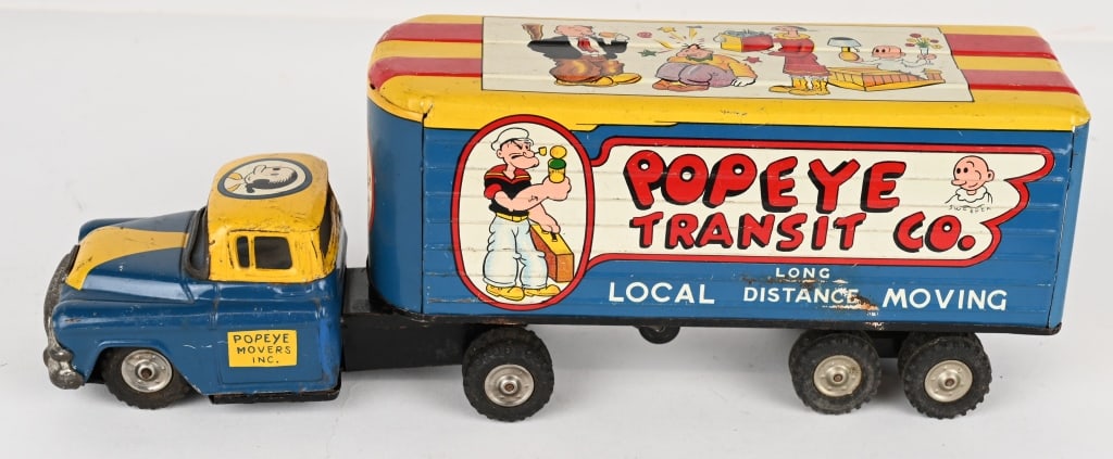 LINEMAR TIN FRICTION POPEYE TRANSIT CO TRUCK: All original with great graphics. One rear door is loose. Friction not working. Displays well. 12" Very Good-Excellent
