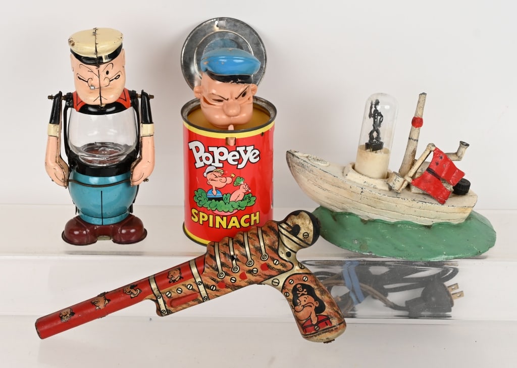 LOT OF POPEYE TOYS: Includes Popeye Nightlight with broken mast, Marx Pirate Pistol missing trigger, Marx popeye Lantern missing pipe, and Popeye Spinach can missing pipe. AS-IS