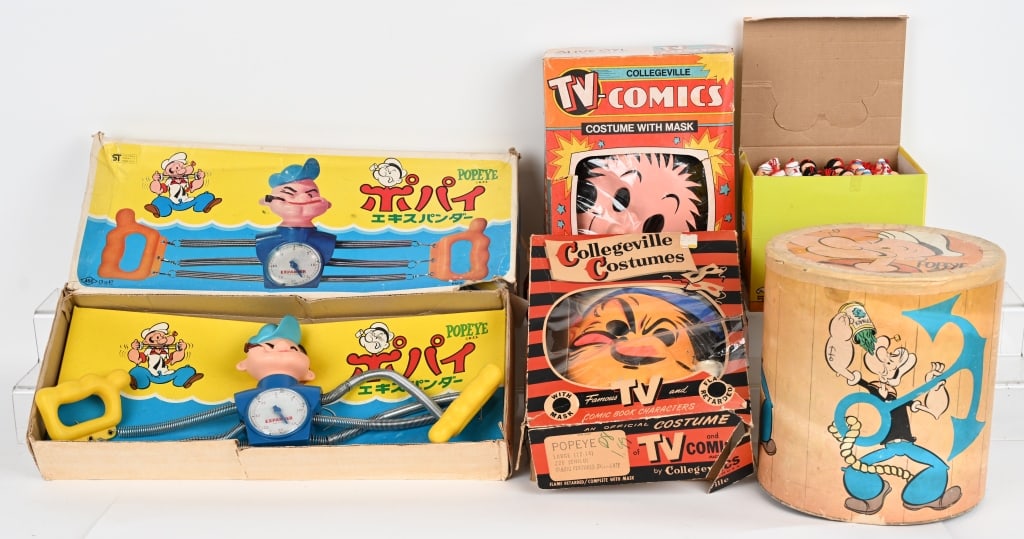 POPEYE TOY LOT: Includes Halloween Costumes, Stacking Drums, Strength Tester, and Pens. AS-IS