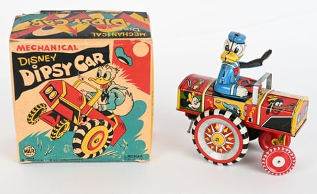 LINEMAR TIN WINDUP DONALD DUCK DIPSY CAR w/ BOX