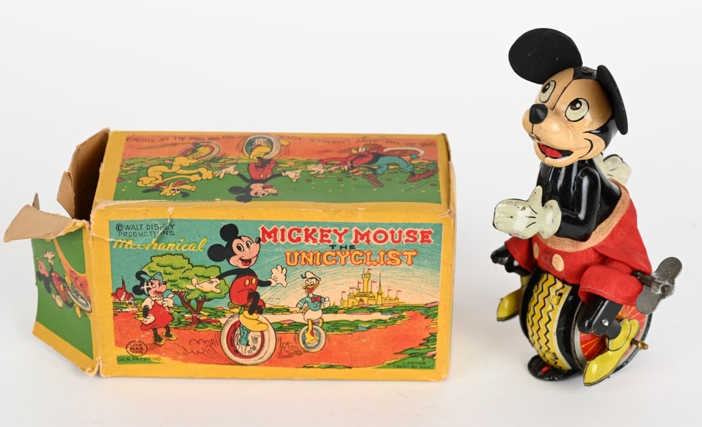 LINEMAR TIN WINDUP MICKEY MOUSE UNICYCLE w/ BOX: All original in wonderful condition. Toy has great colors. Windup works. Comes with Box. 5 1/2" Excellent