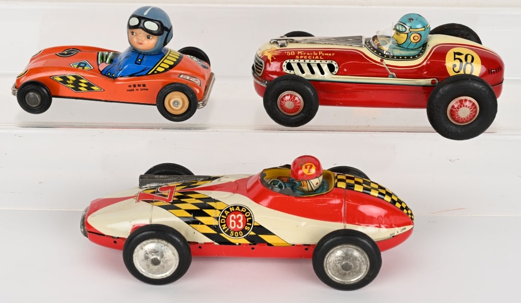 3- TIN FRICTION RACE CARS: All original with great colors and design. Frictions work. Largest 9" AS-IS