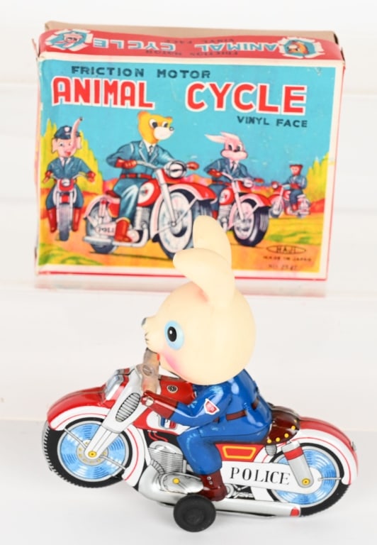 JAPAN TIN FRICTION ANIMAL CYCLE w/ BOX: All original Rabbit Motorcycle. Friction works. Boxed 5" Excellent