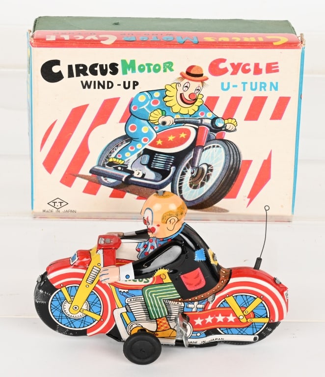 JAPAN TIN WINDUP CIRCUS CLOWN MOTORCYCLE w/ BOX (1 of 10)