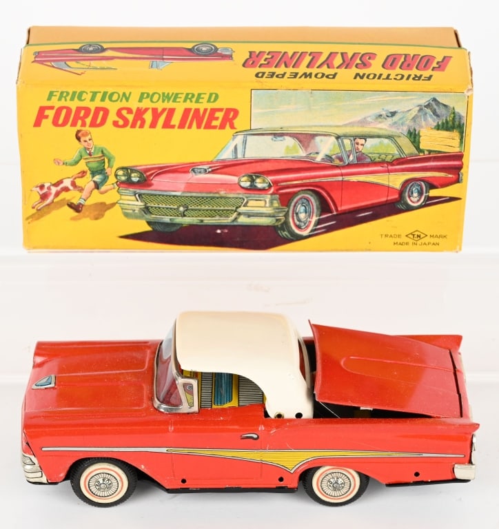 JAPAN TIN FRICTION FORD SKYLINER w/ BOX: Never played with condition. Has retractable roof. Friction works. Boxed 7 1/2" Excellent