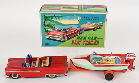 JAPAN TIN FRICTION FORD CONVERTIBLE & BOAT w/ BOX
