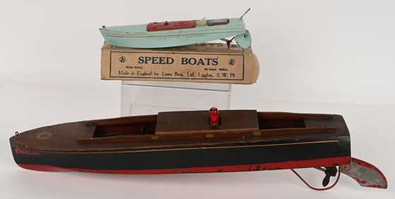 2- VINTAGE WINDUP WOOD SPEEDBOATS