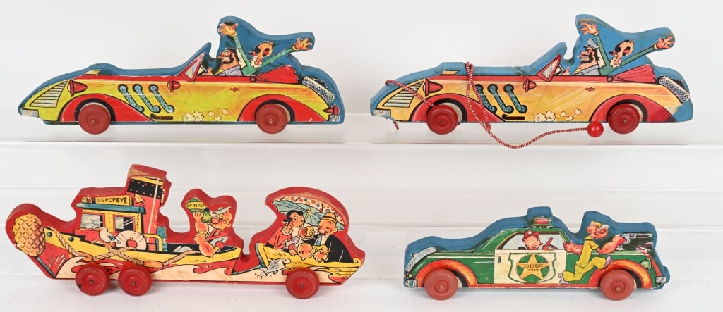LOT OF POPEYE WOODEN PULL TOYS: Nice paper on wood Popeye Pull Toys. Great colors and graphics. 3 original and 1 reproduction. Largest 15" Very Good-Excellent